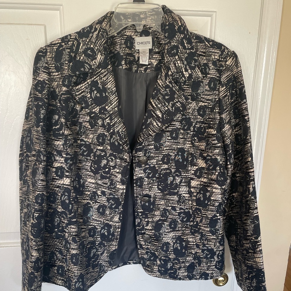 Chico’s Jacket in Brown, Black and Cream tropical print and embroidery in silk